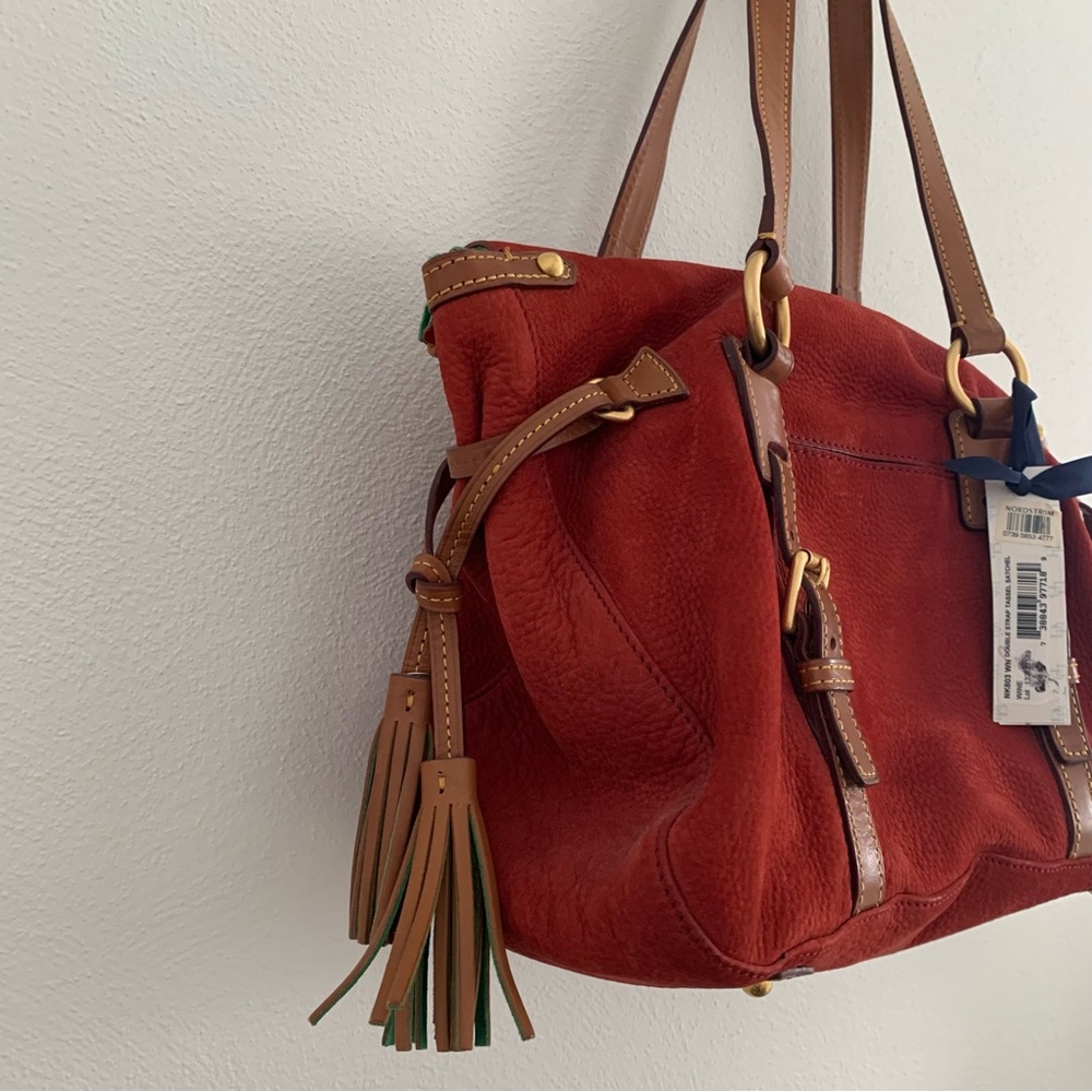 Dooney and Bourke double strap tassel leather satchel handbag in wine - Picture 5 of 13